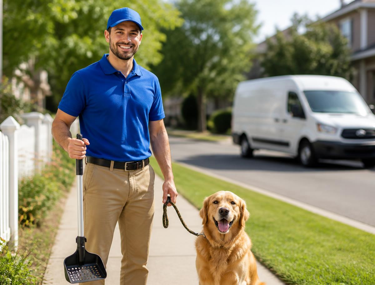 Scoop & Scoot service team member with a dog and service vehicle