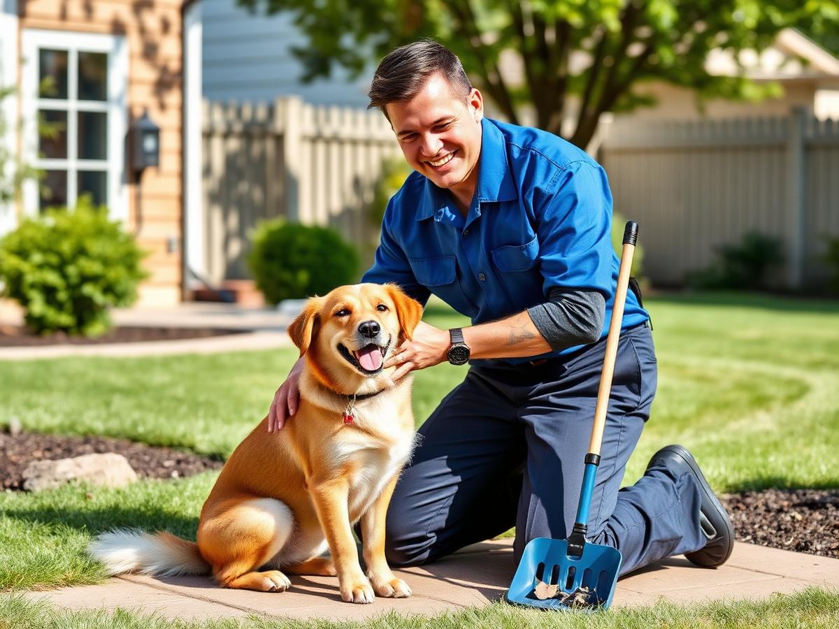 Scoop & Scoot team member with a dog in a residential yard
